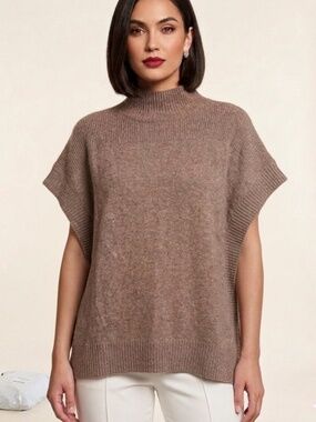 Isaac Mizrahi 100% Cashmere Mock Neck Poncho Oversized Sweater Brown Heather